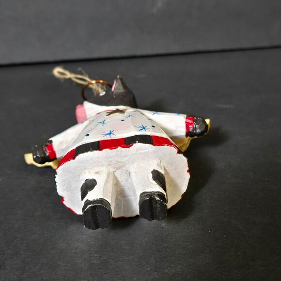 Vintage Wooden Wood Folk Art Primitive Cow Angel Christmas Ornament Black White - Picture 5 of 10